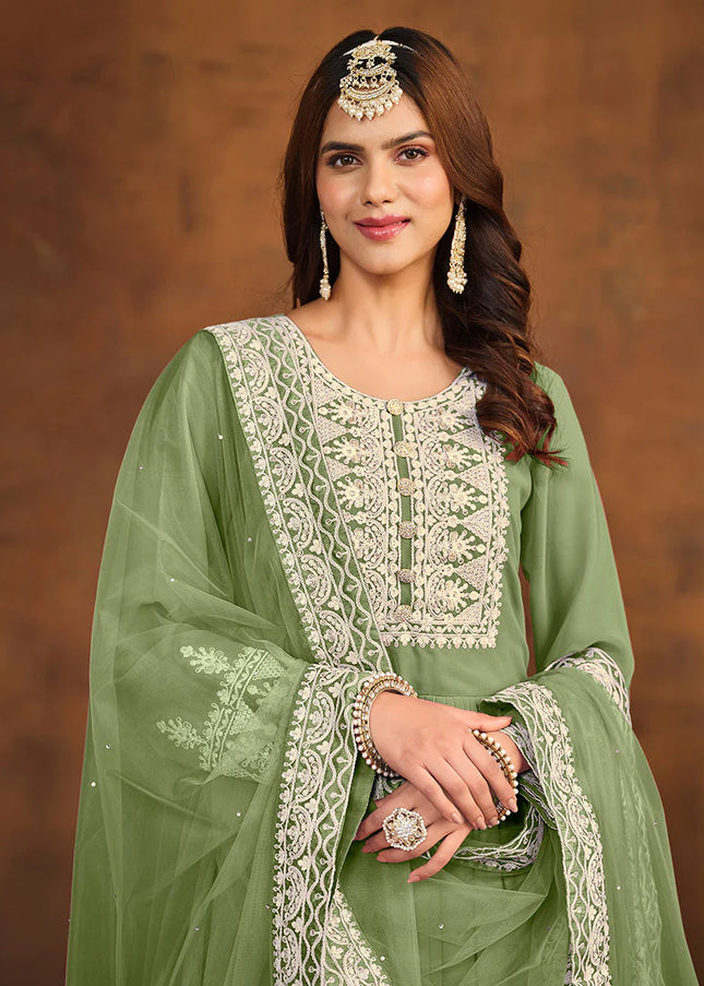 Light Green Embroidered Palazzo Suit