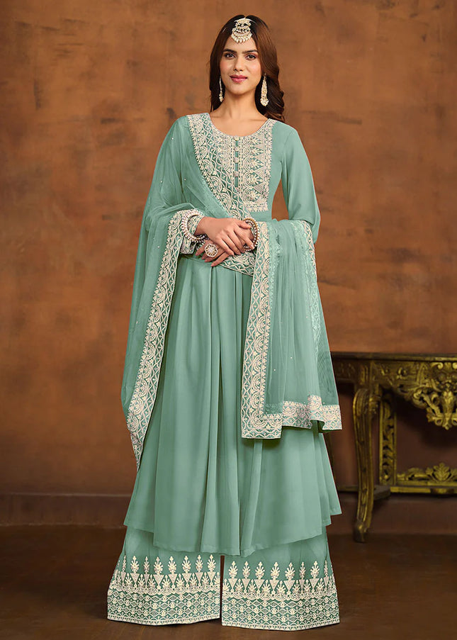 Light Blue Embroidered Palazzo Suit