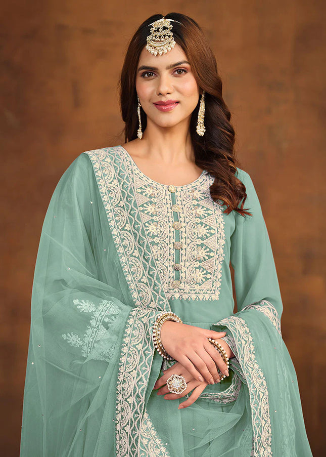Light Blue Embroidered Palazzo Suit