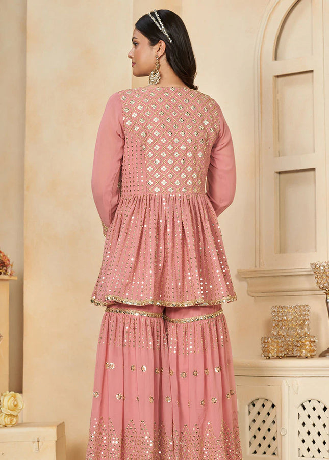 Pink Embroidered Jacket Style Gharara Suit