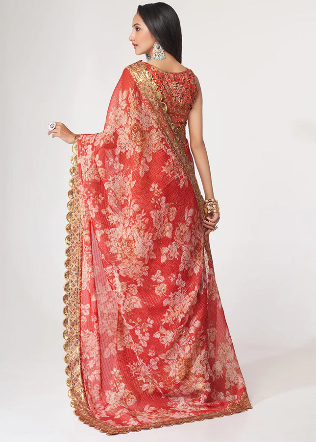 Red Floral Print and Embroidered Saree