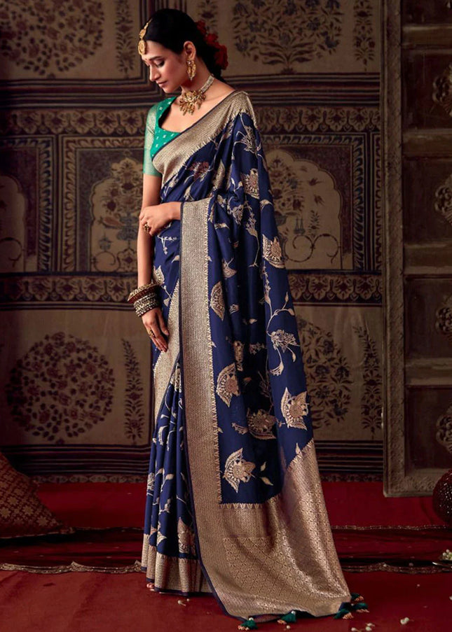 Blue And Teal Zari Weaved Banarasi Saree
