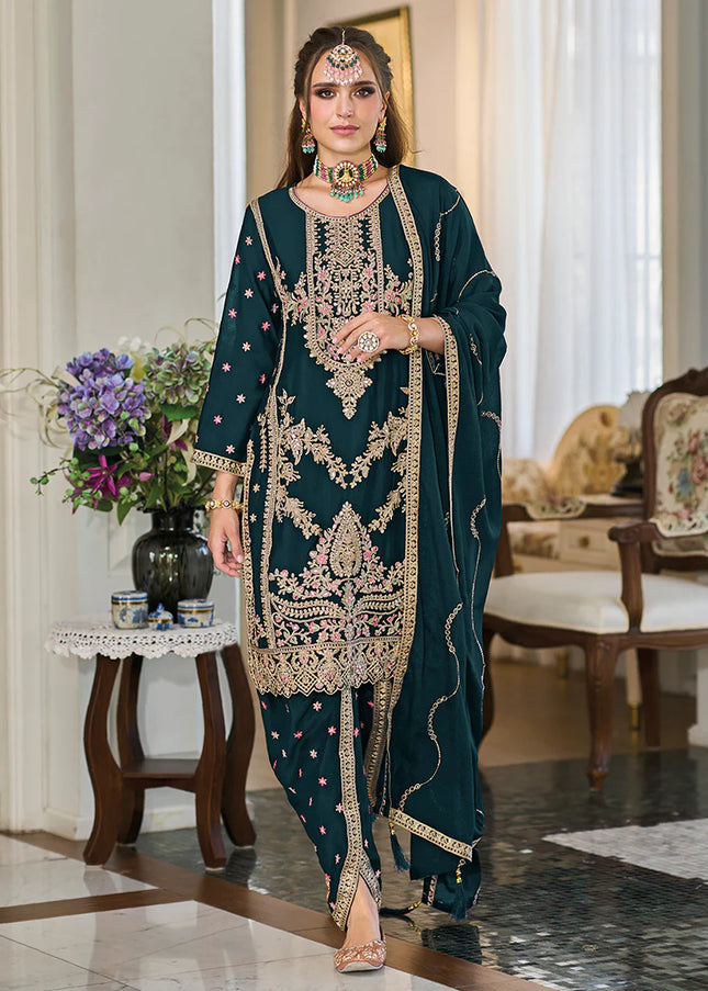 Dark Teal Embroidered Dhoti Style Suit