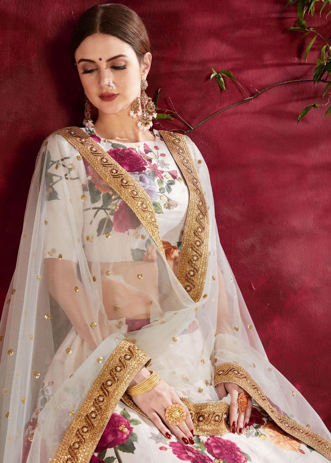 Offwhite Floral Printed and Embroidered Lehenga Choli