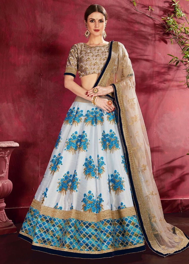 Blue and Beige Floral Printed and Embroidered Lehenga Choli