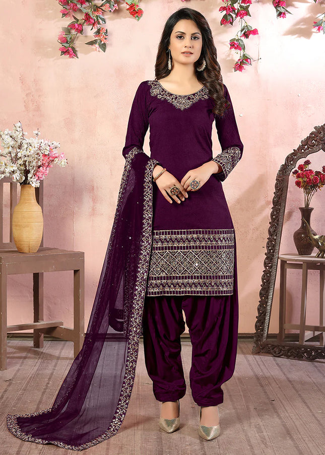 Purple Mirror Embroidered Punjabi Suit