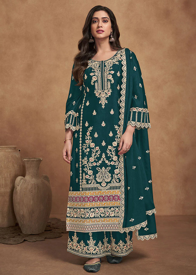Teal Embroidered Palazzo Suit