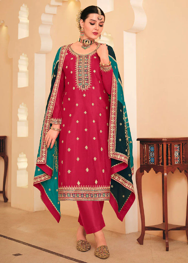 Reddish Pink Multi Embroidered Pant Style Suit