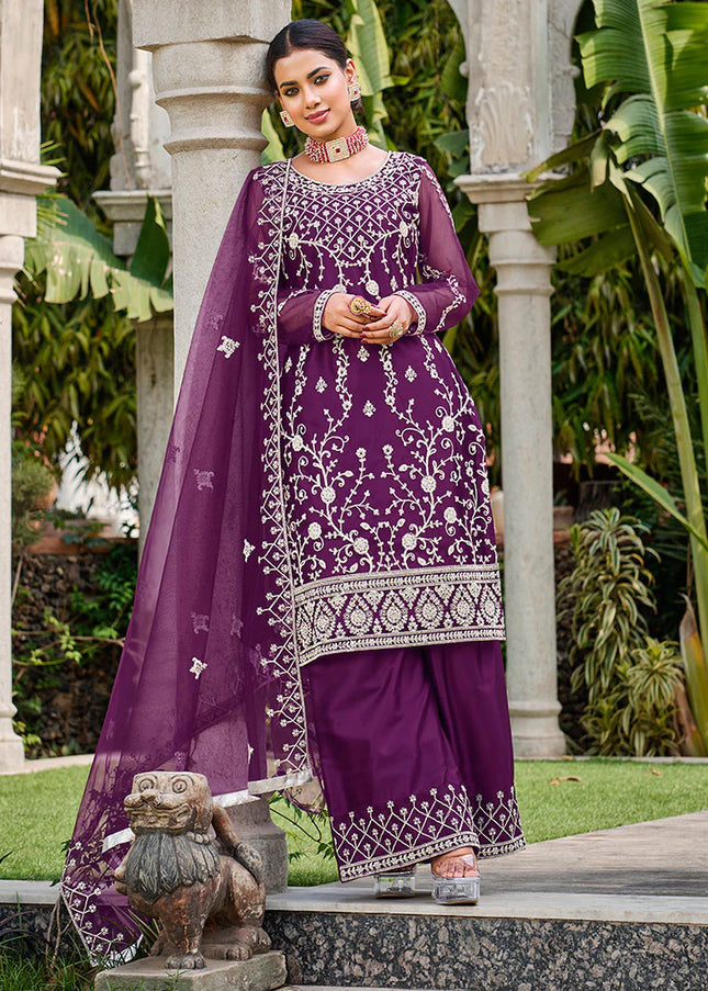Deep Purple Embroidered Palazzo Suit