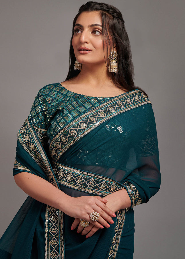 Teal Sequence Embroidered Saree