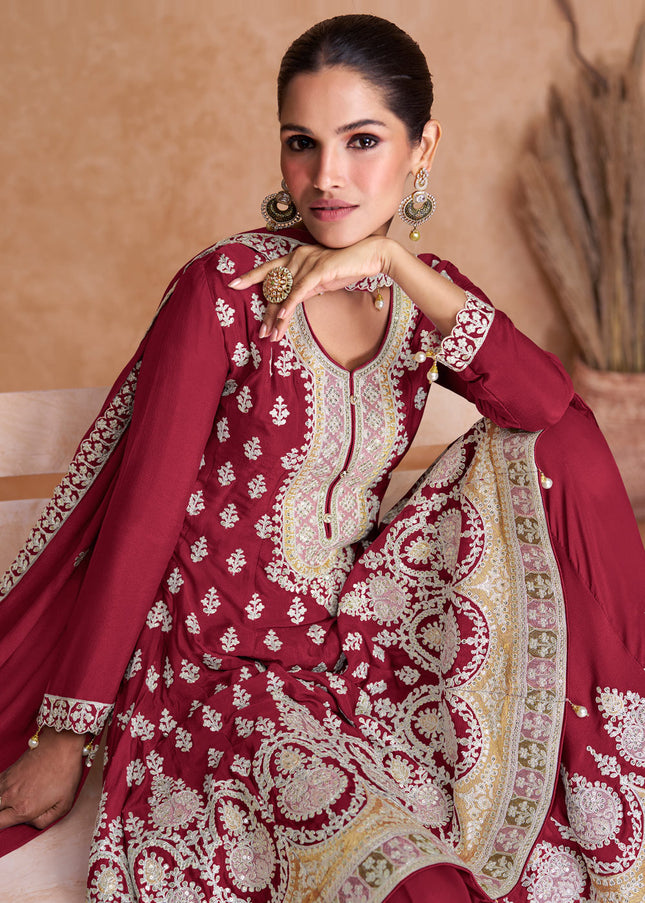 Maroon Embroidered Sharara Suit