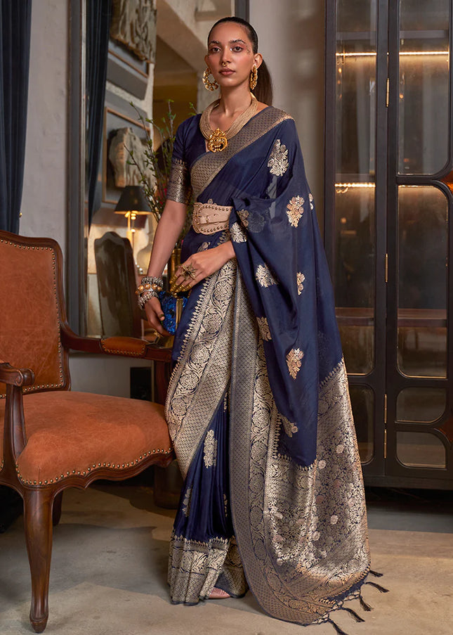 Navy Blue and Gold Weaved Saree