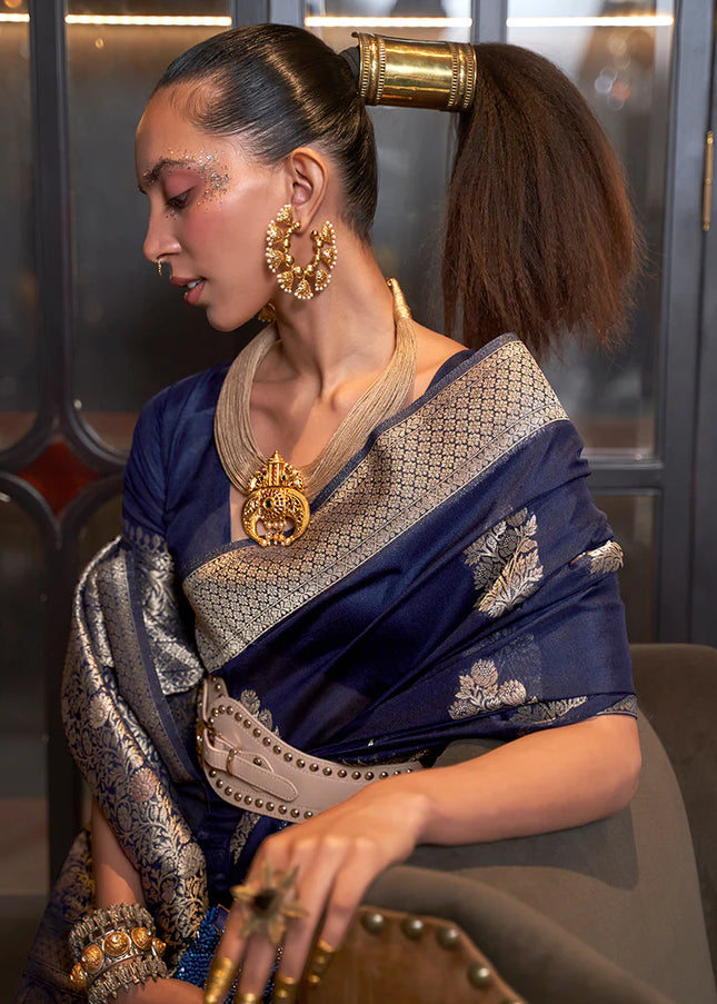 Navy Blue and Gold Weaved Saree
