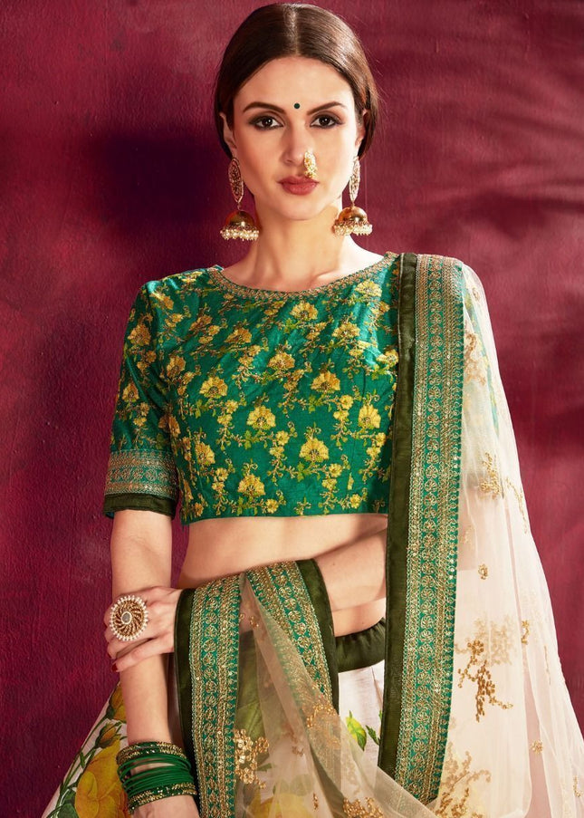 Off White and Green Floral Printed and Embroidered Lehenga Choli