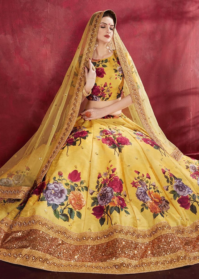 Yellow Floral Printed and Embroidered Lehenga Choli