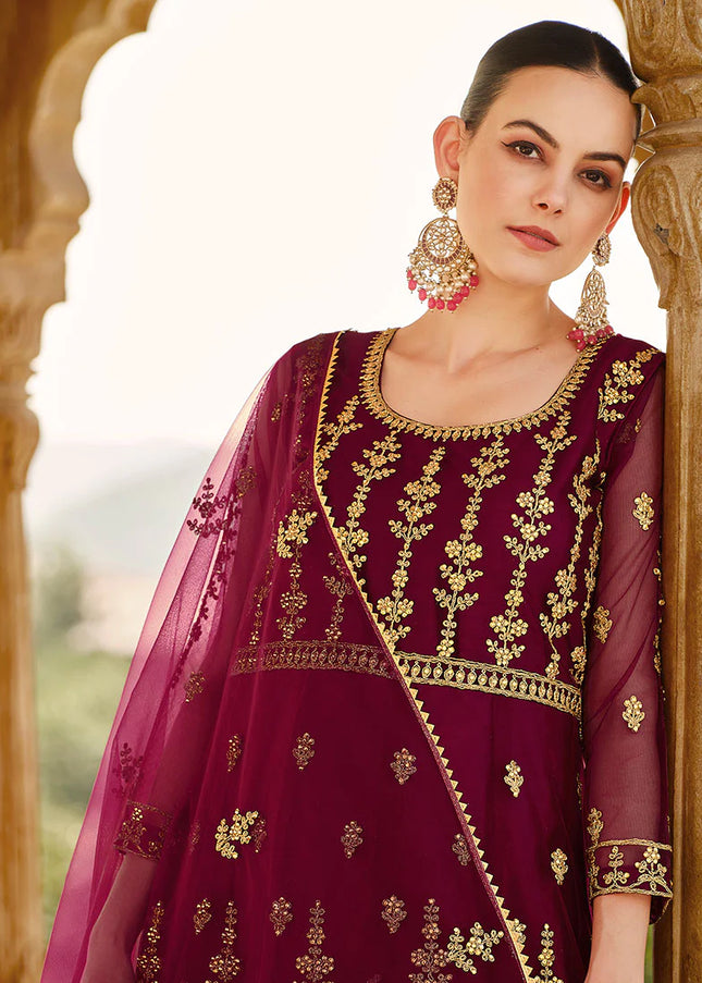 Magenta and Gold Embroidered Anarkali