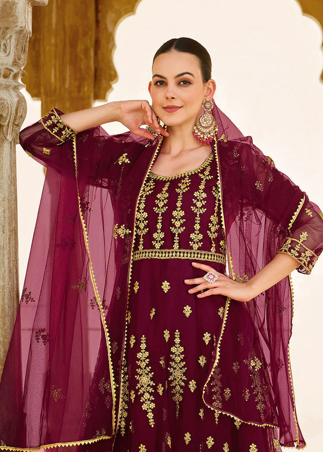 Magenta and Gold Embroidered Anarkali