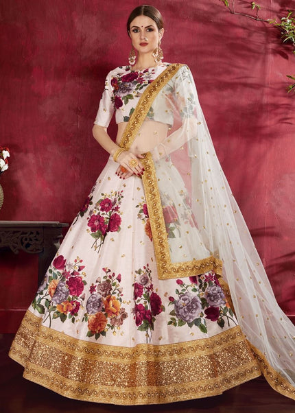 Offwhite Floral Printed and Embroidered Lehenga Choli