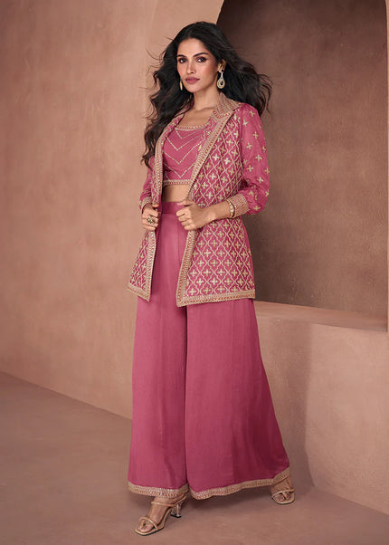 Pink Embroidered Jacket Style Palazzo Suit