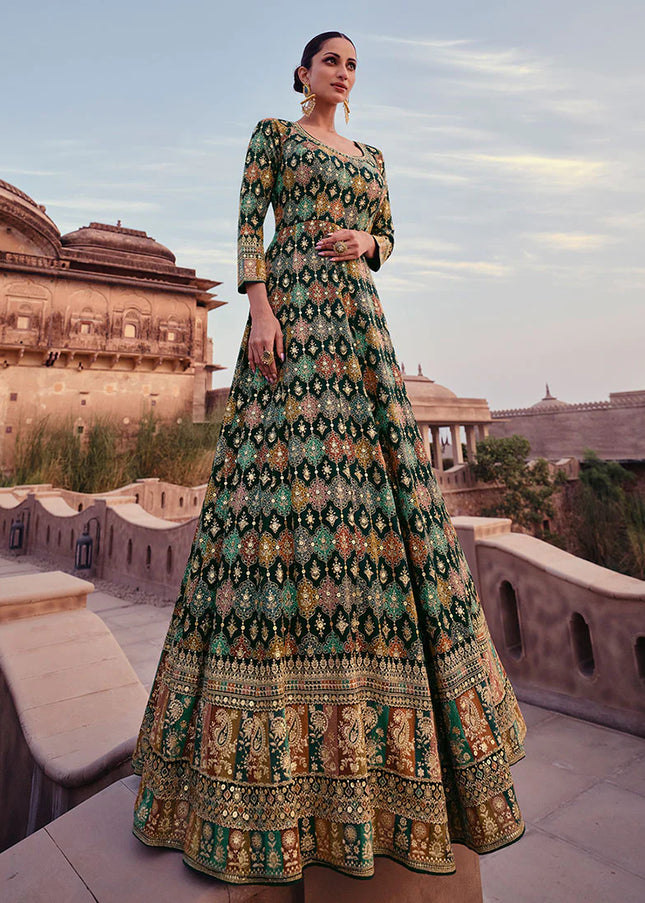 Green Multicolor Embroidered Anarkali Gown
