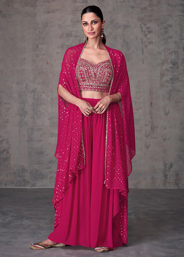 Pink Embroidered Cape Style Palazzo Suit
