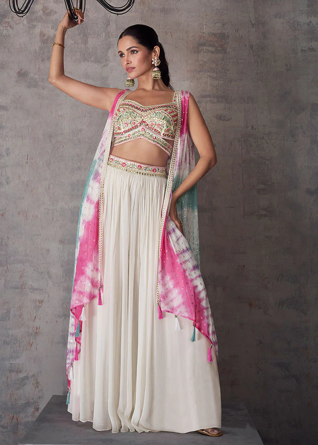 White Embroidered Cape Style Palazzo Suit