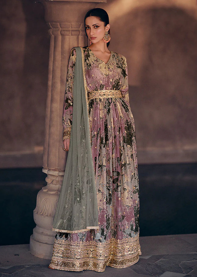 Lilac Floral Printed and Embroidered Anarkali Gown