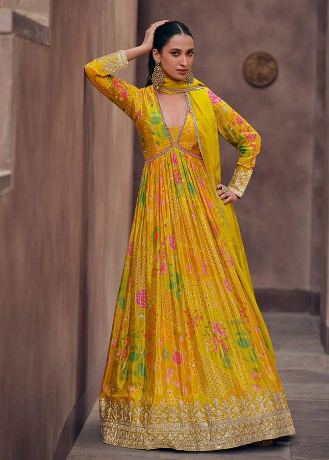 Yellow Floral Printed and Embroidered Anarkali Gown