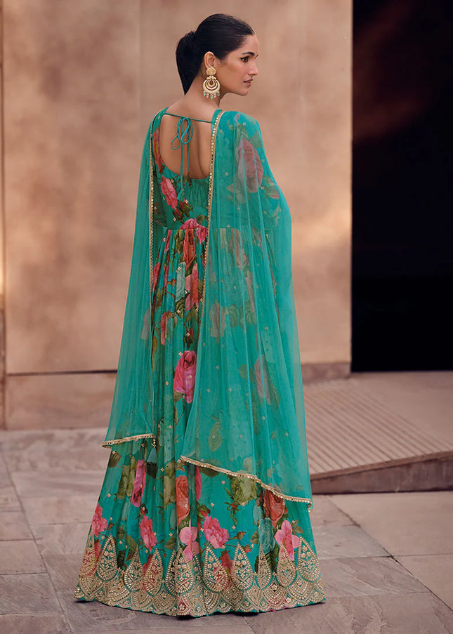 Aqua Floral Printed and Embroidered Anarkali Gown