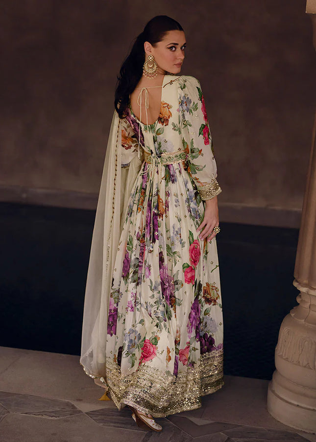 Offwhite Multi Floral Printed and Embroidered Anarkali Gown