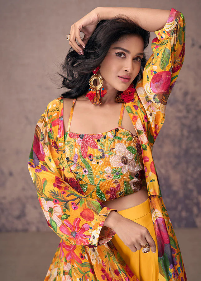 Yellow Multicolor Floral Embroidered Jacket Style Palazzo Suit