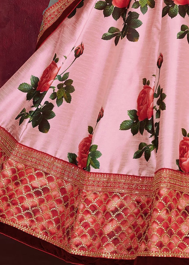 Rose Pink Floral Printed and Embroidered Lehenga Choli