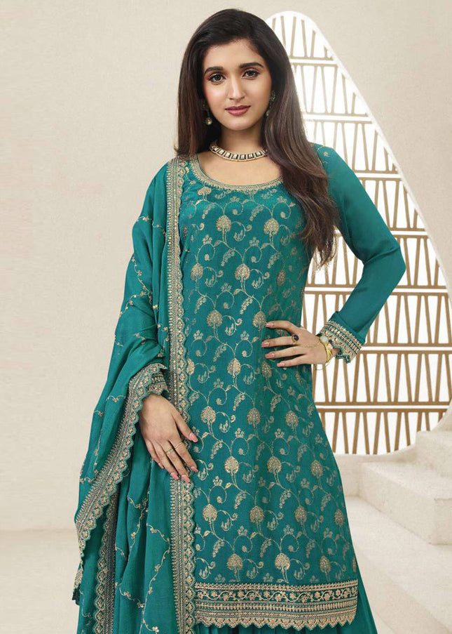 Turquoise Embroidered Sharara Suit