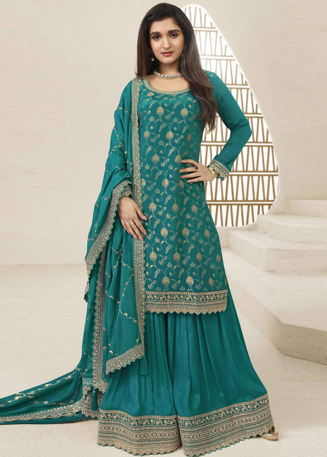 Turquoise Embroidered Sharara Suit