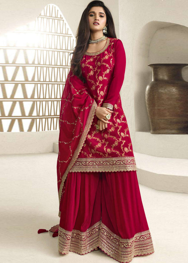 Reddish Pink Embroidered Sharara Suit