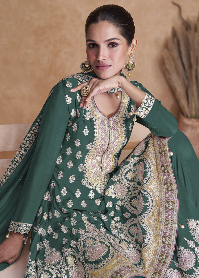 Teal Green Embroidered Sharara Suit