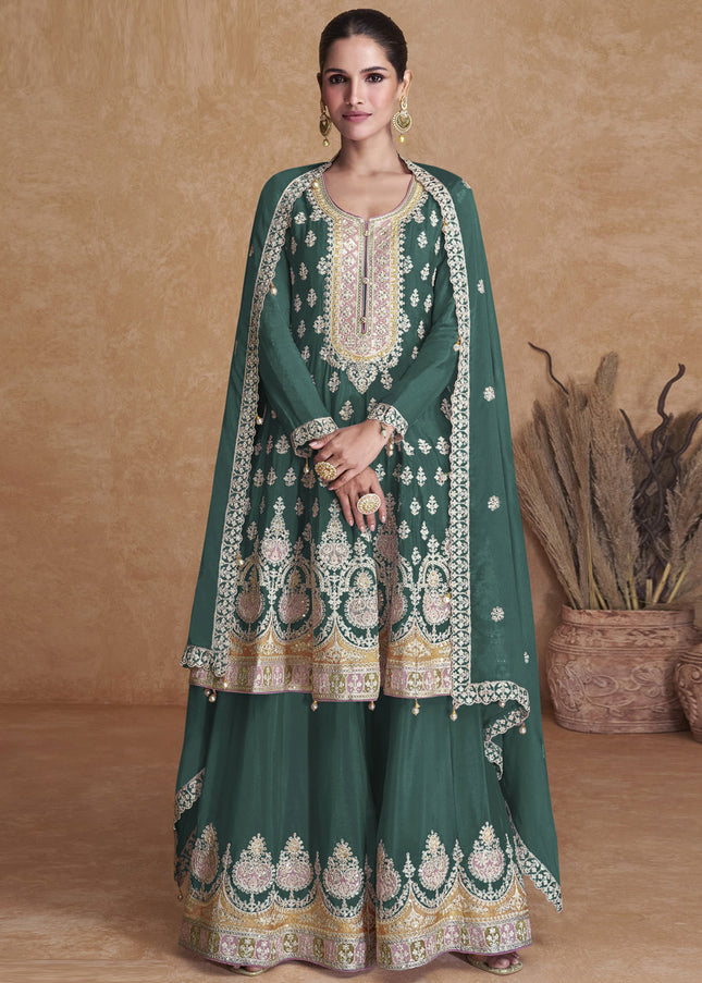 Teal Green Embroidered Sharara Suit