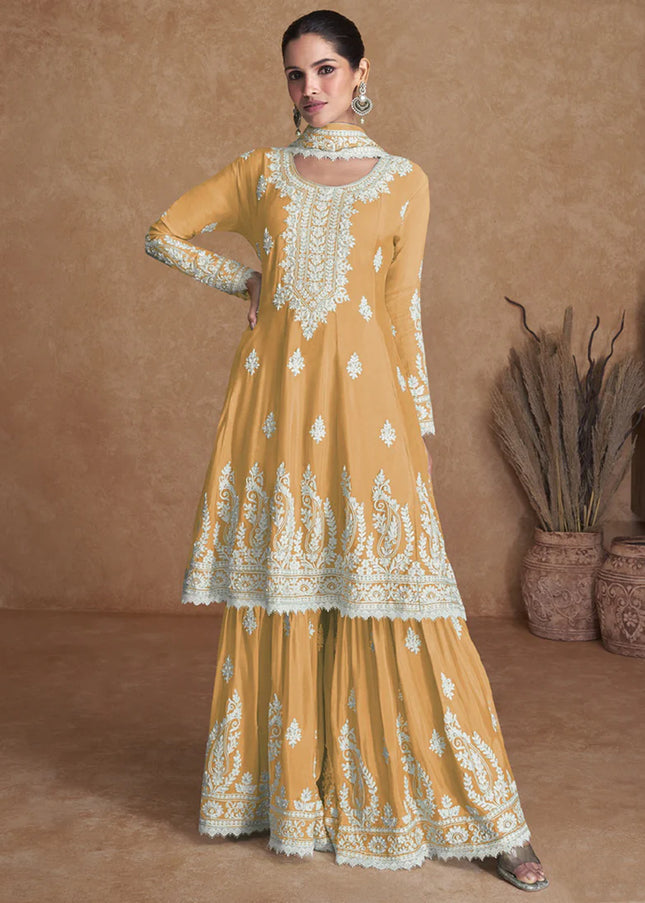 Yellow Embroidered Sharara Suit