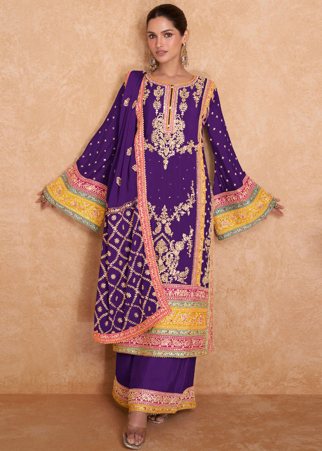 Violet Multicolor Embroidered Palazzo Suit