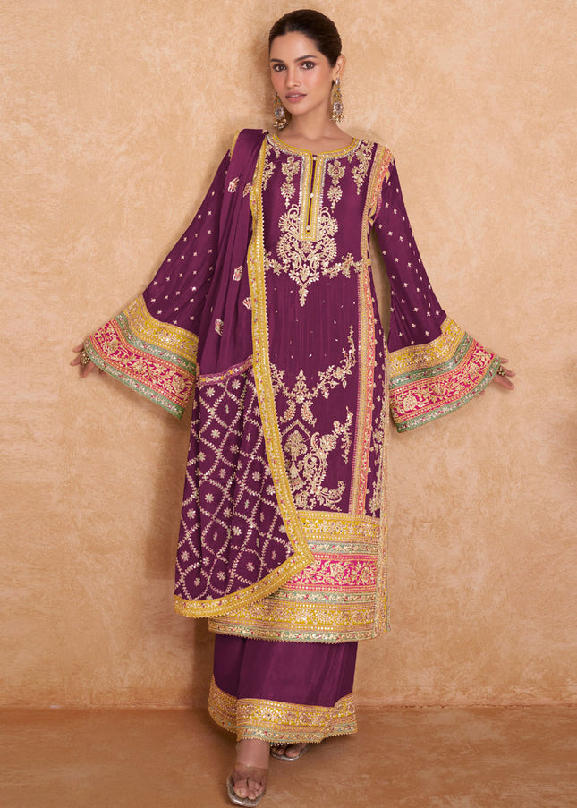 Wine Multicolor Embroidered Palazzo Suit