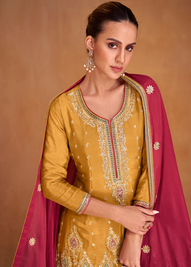 Yellow and Pink Embroidered Palazzo Suit