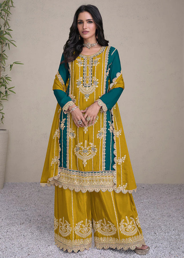 Yellow and Teal Embroidered Palazzo Suit