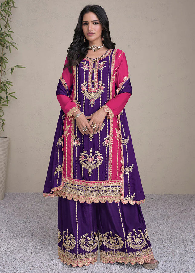 Purple and Pink Embroidered Palazzo Suit