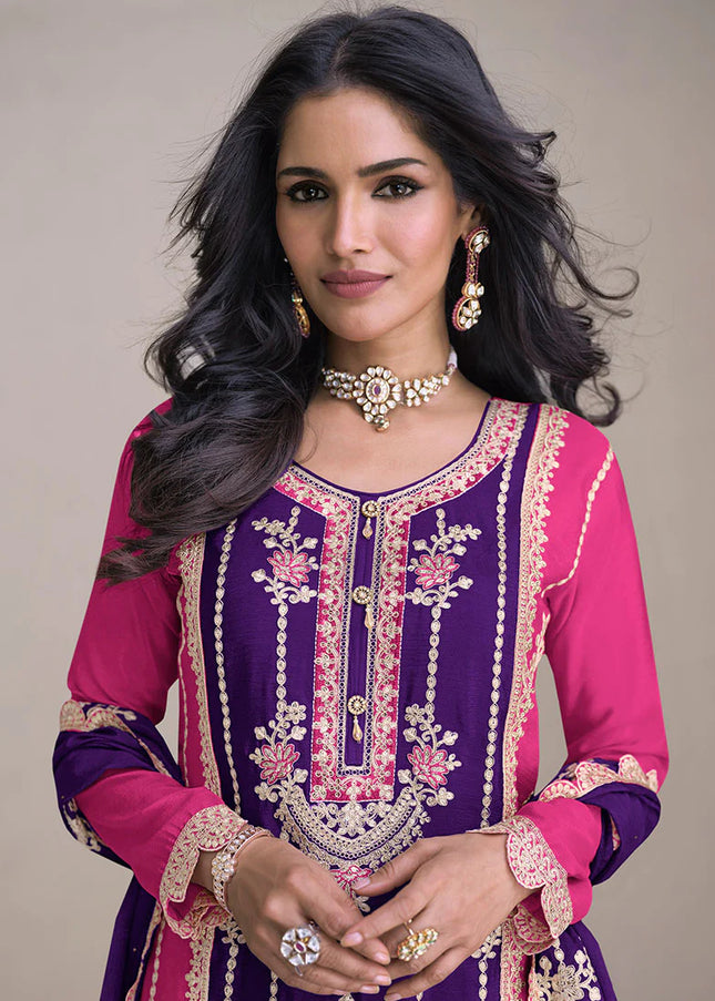 Purple and Pink Embroidered Palazzo Suit