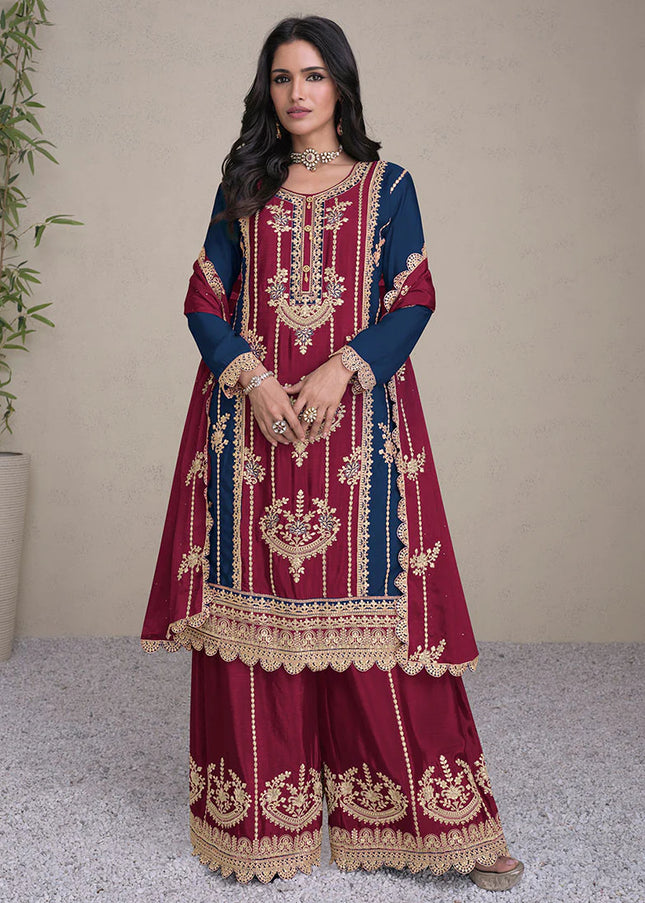 Magenta and Blue Embroidered Palazzo Suit