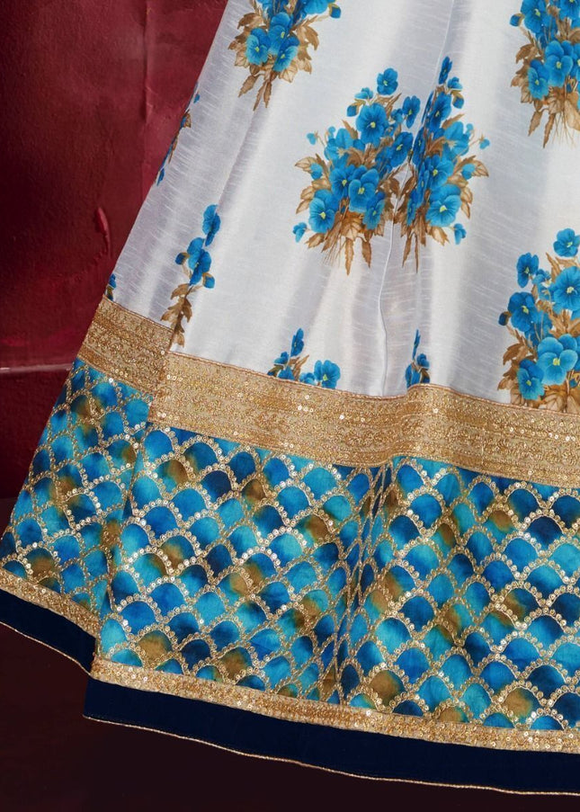 Blue and Beige Floral Printed and Embroidered Lehenga Choli