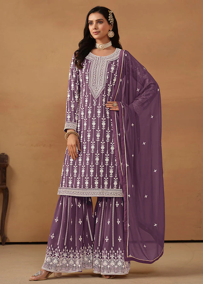 Purple Embroidered Gharara Suit