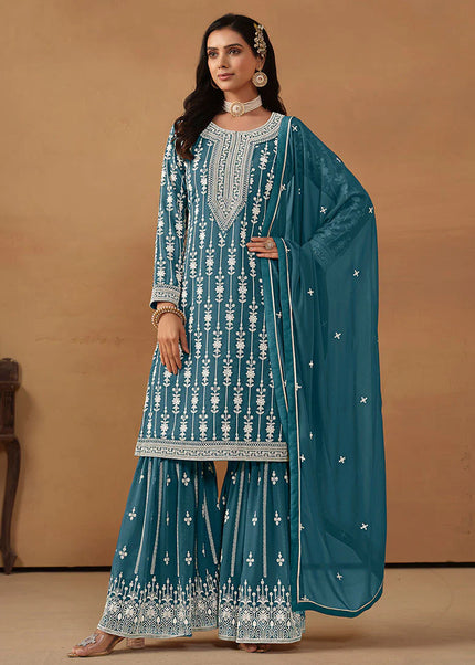 Blue Grey Embroidered Gharara Suit