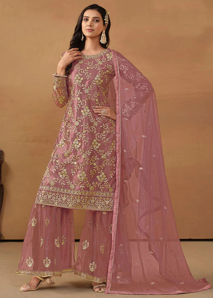Pink and Gold Embroidered Gharara Suit