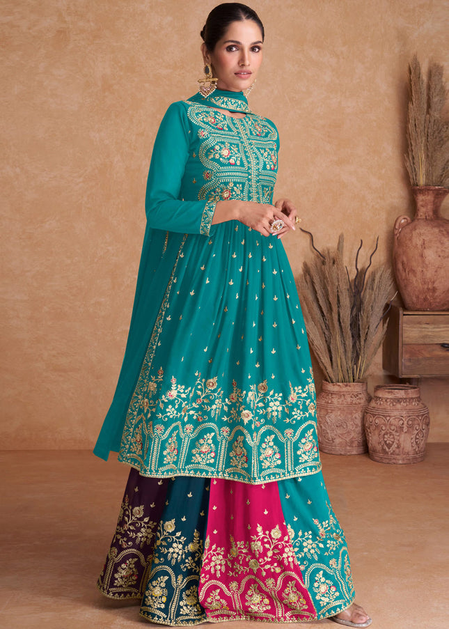 Turqooise Multilcolor Embroidered Sharara Suit